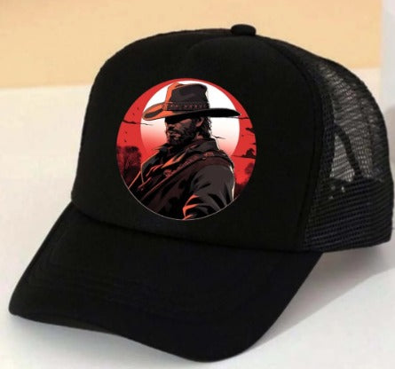 Western Cowboy Gunslinger Graphic Black Trucker Cap