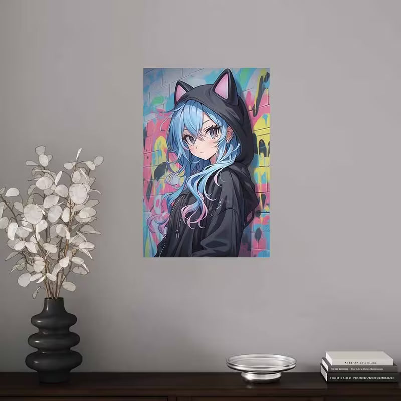 Anime Girl Canvas Wall Art | Kawaii Blue Hair Cat Ears Hoodie Poster | Aesthetic Graffiti Manga Room Decor | Gift for Anime Lovers