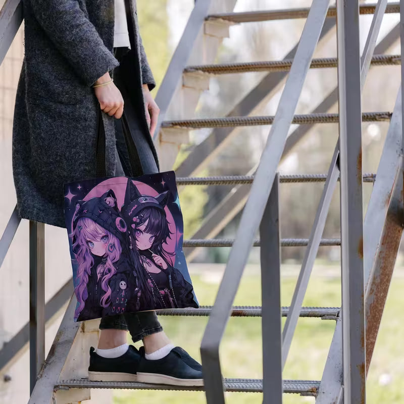 Tote Bag Dark Witch Gothic Anime Girl Canvas Tote Bag | Kawaii Goth Aesthetic Shoulder Bag