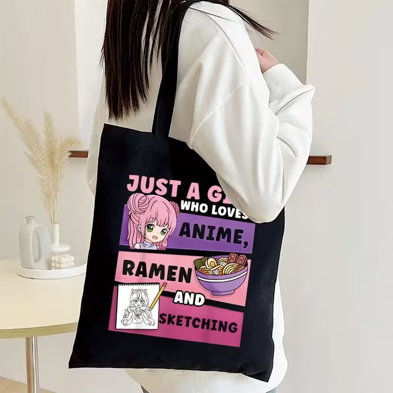 Just a Girl Who Loves Anime Ramen and Sketching Canvas Tote Bag | Kawaii Anime Girl Shoulder Bag Gift