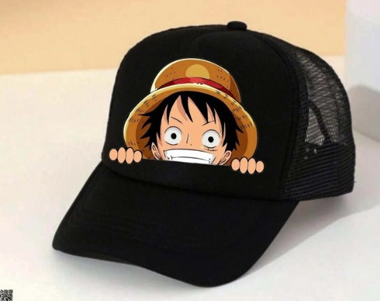 Monkey D Luffy Peeking Anime Black Trucker Cap