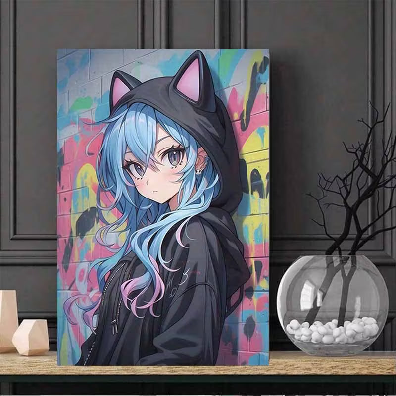 Anime Girl Canvas Wall Art | Kawaii Blue Hair Cat Ears Hoodie Poster | Aesthetic Graffiti Manga Room Decor | Gift for Anime Lovers