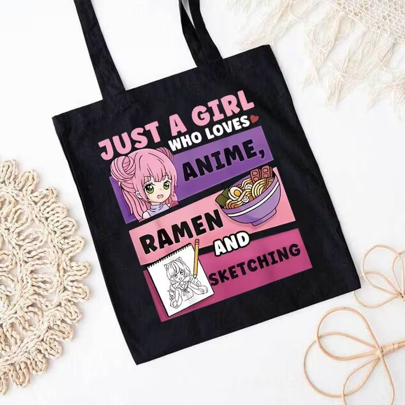 Just a Girl Who Loves Anime Ramen and Sketching Canvas Tote Bag | Kawaii Anime Girl Shoulder Bag Gift